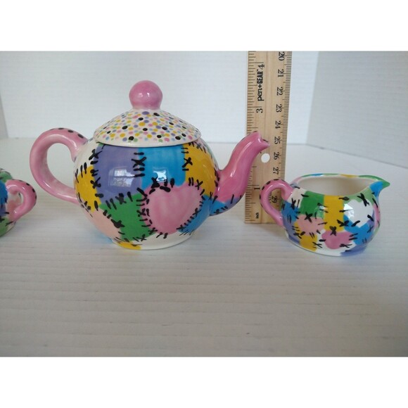 Vintage 2005 Hand Painted Signed Tea Set Pot Sugar Bowl Creamer patchwork - Picture 6 of 16